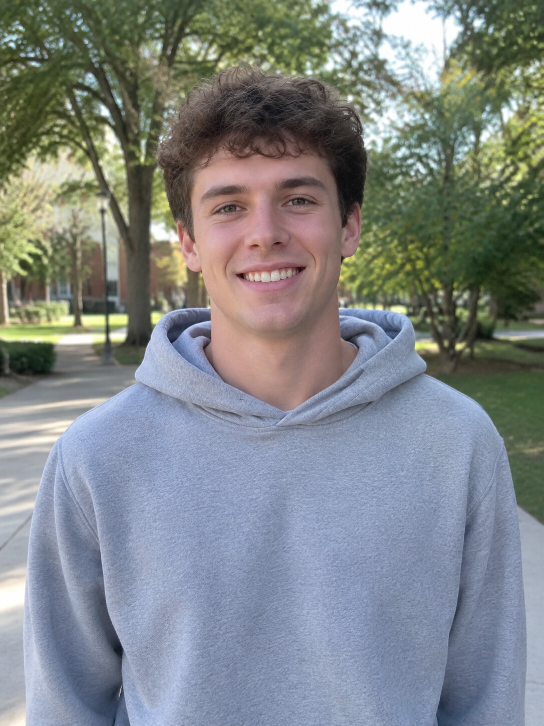 Half-body photo of a young man with curly brown hair in a gray hoodie, used to make a sample video