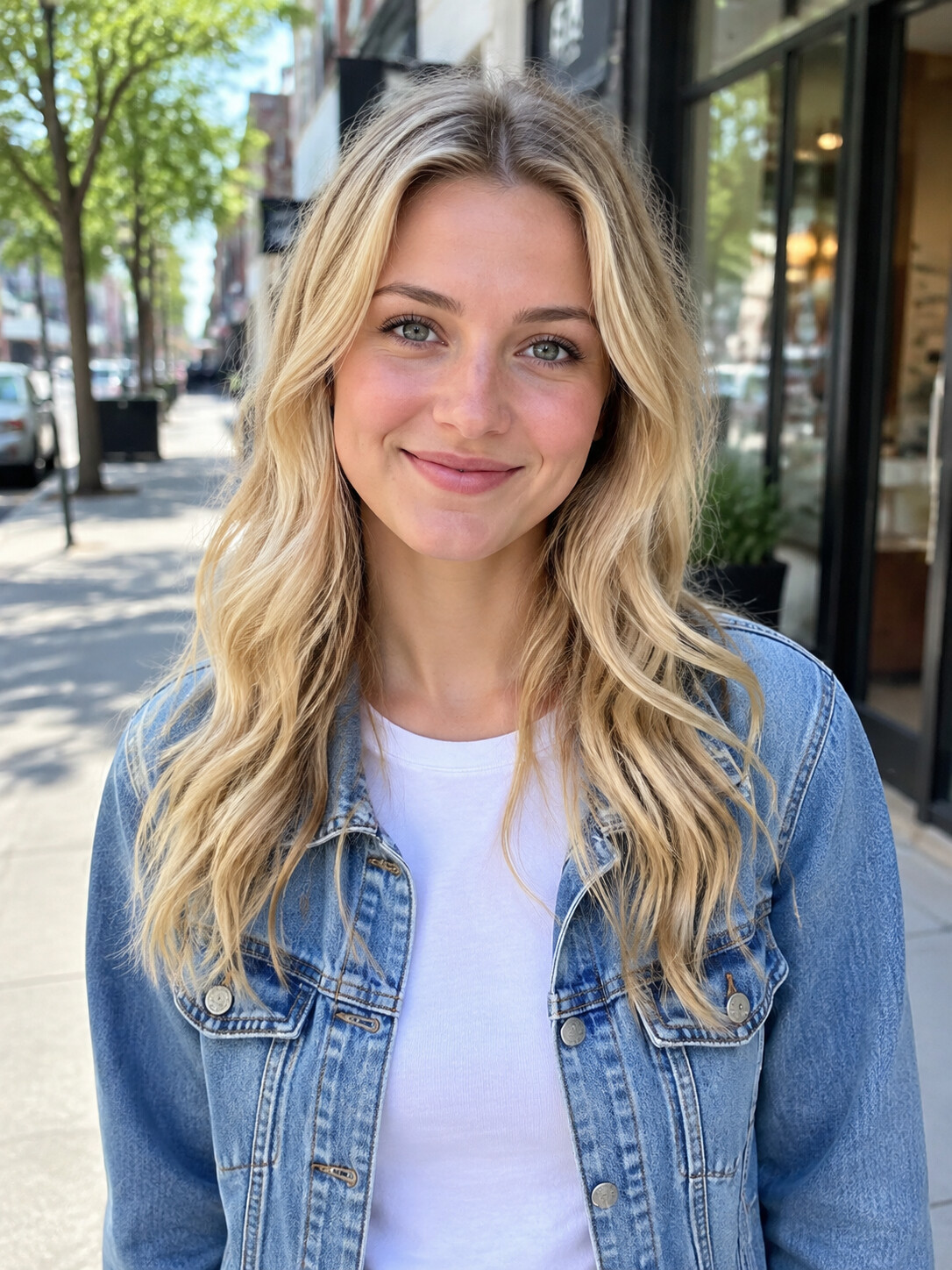 Half-body photo of a young woman with long wavy blonde hair in a denim jacket